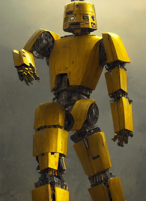 Prompt: human-sized strong intricate yellow pit droid, carrying longsword and paladin shield, pancake flat head, exposed metal bones, painterly humanoid mecha, full body, sharp focus, cinematic, by Greg Rutkowski