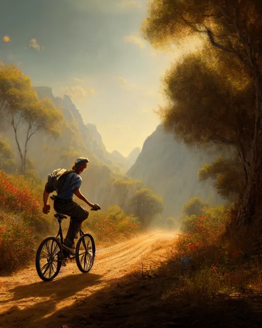 Image similar to a painting of a person riding a bike down a dirt road, a detailed matte painting by julian onderdonk, cgsociety, photorealism, reimagined by industrial light and magic, unreal engine 5, unreal engine