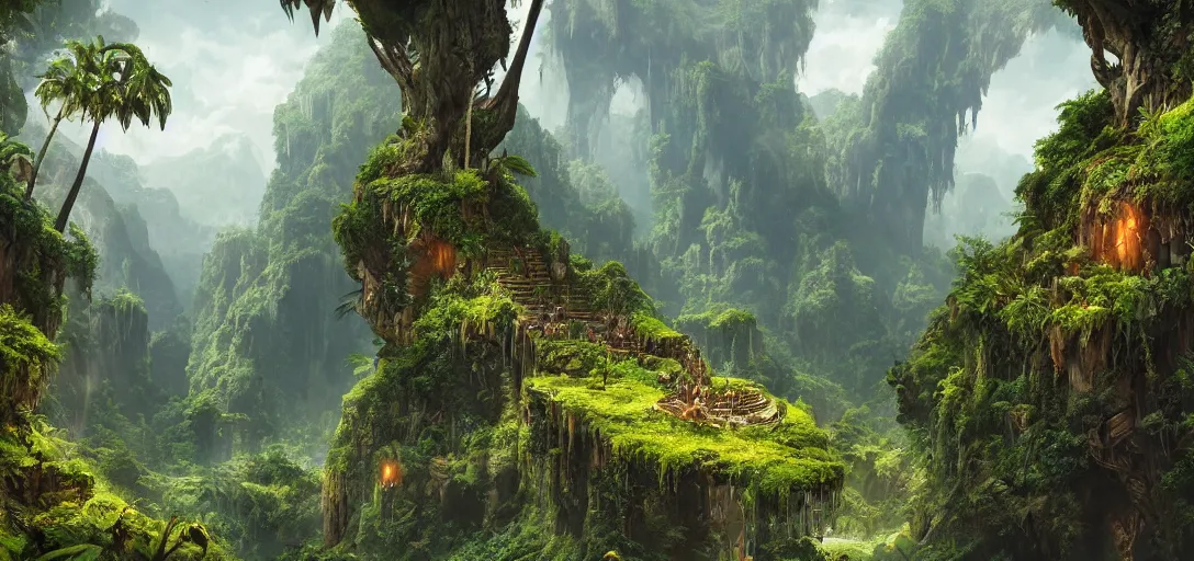 Prompt: the lost valley, rock arcs, lush vegetation, exotic forrest and plants, landscape, alex ross, eddie mendoza, raphael lacoste, sebastian ludke, concept art, matte painting, highly detailed, rule of thirds, dynamic lighting, cinematic, detailed, magnificiant landscape, denoised, centerd