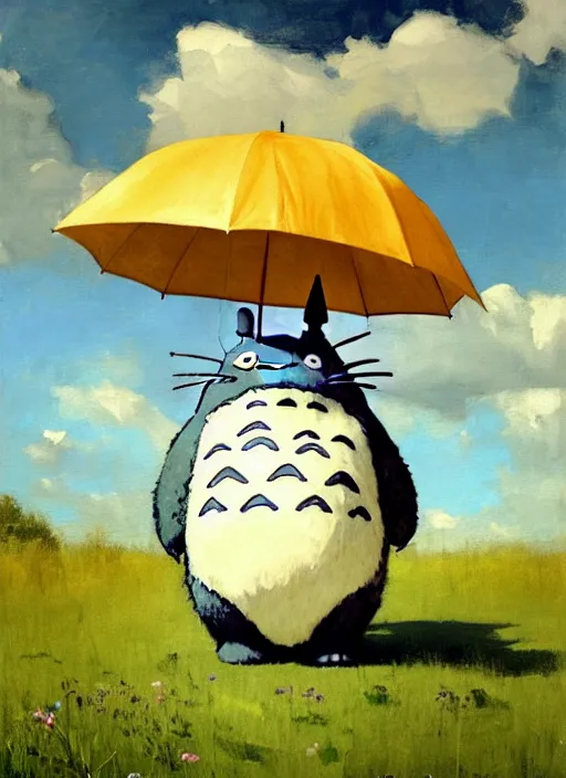 Image similar to portrait of adorable life size Totoro with umbrella, countryside near forest, calm, fantasy character portrait, dynamic pose, above view, sunny day, thunder clouds in the sky, artwork by Jeremy Lipkin and Giuseppe Dangelico Pino and Michael Garmash and Rob Rey, very coherent asymmetrical artwork, sharp edges, perfect face, simple form, 100mm