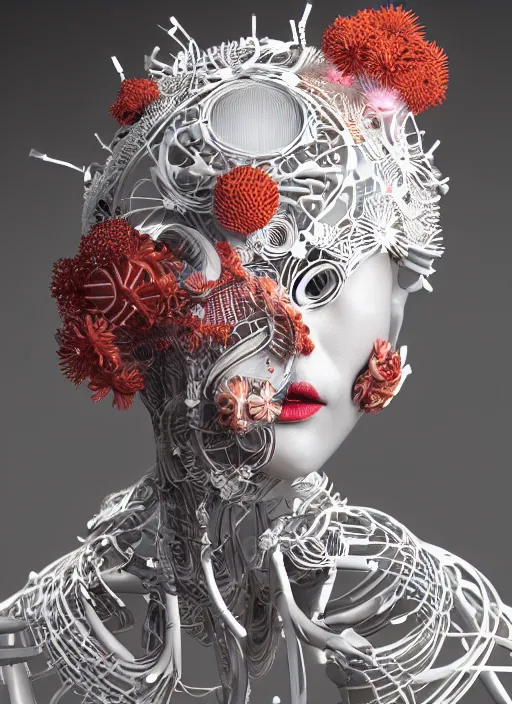 Prompt: beautiful stunning biomechanical woman portrait with a smooth porcelain ivory profile face, futuristic haute couture, iris van herpin, headdress daisies, sponge corals, mushrooms, puffballs, red rhizomorphs, cyberpunk metallic brackets, laser cut paper lace collar, octane highly render, 8 k, epic lighting