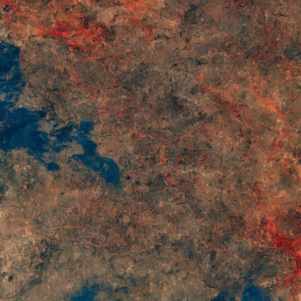 Image similar to a very polluted landscape seen by sentinel or landsat satellite during the night with red rivers and oceans surrounded by urban sediment, photorealistic, high resolution, best quality