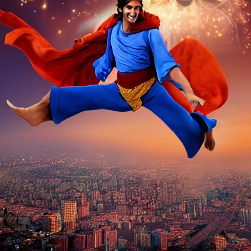 Image similar to hyper realistic aladdin flying into the twin towers on his carpet, award winning,