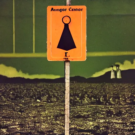 Image similar to photo of small sign showing a danger symbol, in the background there is a nuclear tower with lots of steam, pictorialism style