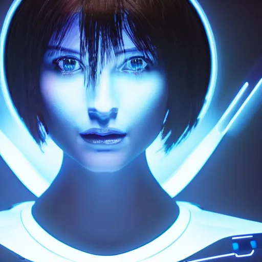 Image similar to cortana blue artificial intelligence hologram, highly detailed, photorealistic portrait, bright studio setting, studio lighting, crisp quality and light reflections, unreal engine 5 quality render