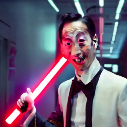 Image similar to Pee-Wee Herman wielding a red lightsaber 4K hdr