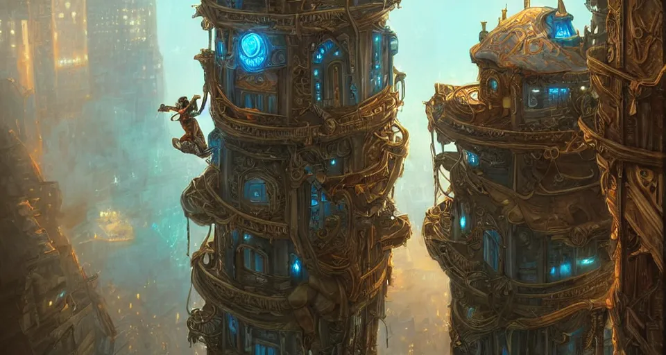 Image similar to landscape painting of fantasy metal steampunk city that has a light blue glow with walkways and lit windows and a fine detailed hooded thief in browns leathers climbing one of the tall buildings using a rope, fine details, magali villeneuve, artgerm, rutkowski