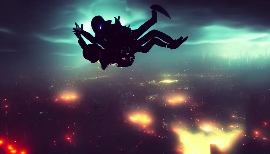 Image similar to man skydiving into a dark cyberpunk city through clouds, volumetric lighting, dystopia, artstation, concept art, painting