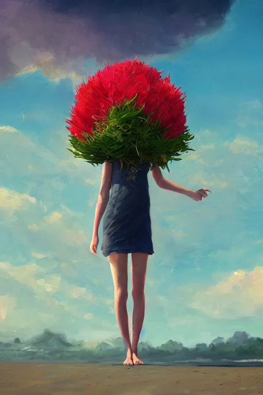 Prompt: closeup, giant flower under head, a girl on beach, surreal photography, wind and cold, dramatic sky, impressionist painting, digital painting, artstation, simon stalenhag