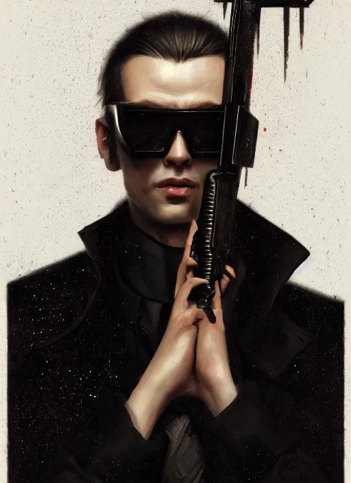 Prompt: portrait of a handsome man in a black outfit, katana trenchcoat sunglasses, a flemish baroque by alexander mcqueen, art by john collier by greg rutkowski and craig mullins, oil on canvas. cyberpunk assassin.