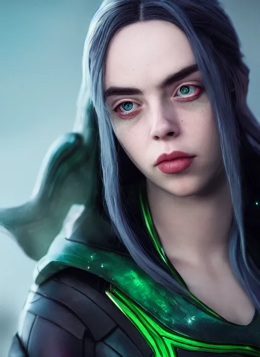 Image similar to billie eilish as female loki by Nixeu, Ian Sprigger, WLOP, Sakimichan, trending on artstation, hyper realistic, smooth octane render