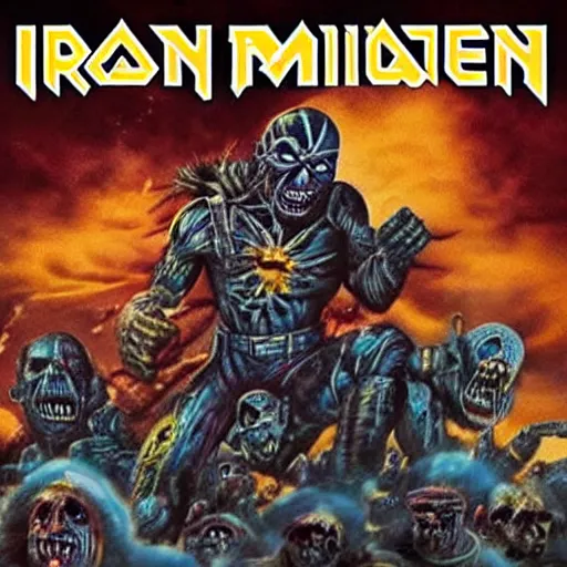 Image similar to iron maiden album cover, science - fiction futuristic apocalyptic war scene with explosions, soldiers firing