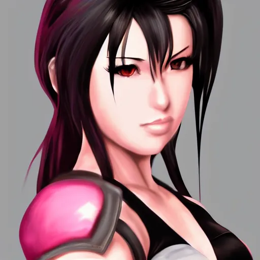 Image similar to digital art of tifa lockhart with pink eyes, trending on artstation