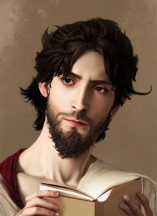 Image similar to character concept portrait of an attractive young seductive Spanish wizard with pale red skin enchanting a arousal spell, a floating iridescent spell book in the center, intricate, elegant, digital painting, concept art, smooth, sharp focus, illustration, from Metal Gear, by Ruan Jia and Mandy Jurgens and William-Adolphe Bouguereau, Artgerm