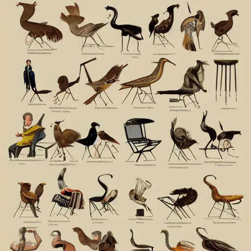 Image similar to an illustrated field guide to different species of chairs showing examples of males and females of each species, biological illustrations, art by john james audubon robert stebbins and terryl whitlatch and david sibley and charles darwin, highly detailed, intricately detailed, 8 k, trending on artstation