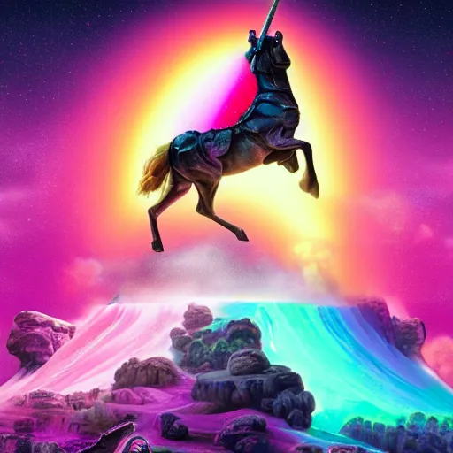 Image similar to beautiful matte painting, rainbow colored pink pink darth vader wearing pink wearing pink, riding a unicorn, riding a unicorn, riding a one-horned unicorn over a glittering rainbow, in psychedelic space, by lisa frank and dan mumford, octane render, HDR, vivid color, volumetric lighting, unreal engine, concept art, CGsociety, trending on artstation