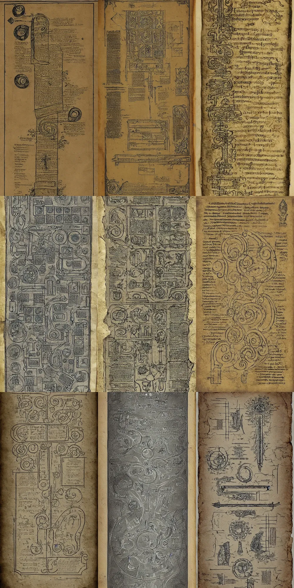Prompt: occult ancient scroll containing blueprints of magical devices, highly detailed, occult