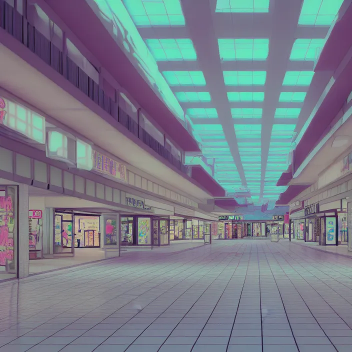 Image similar to vaporwave 7 0 s dreamy empty empty shopping mall, japanese style, highly detailed, 3 d render, vray, octane, realistic lighting, photorealistic