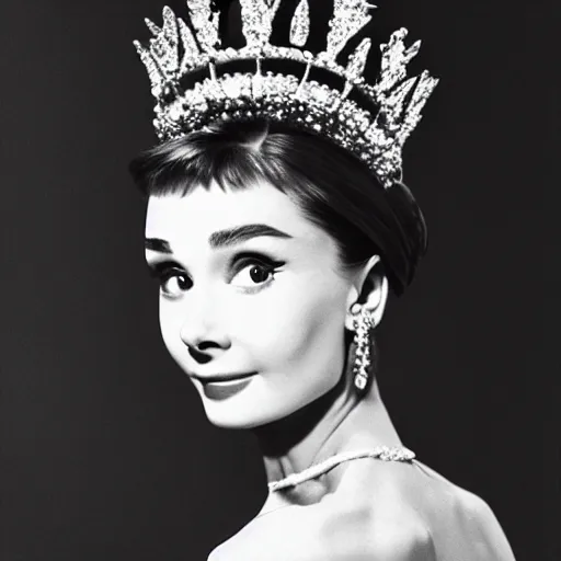 Image similar to portrait of audrey hepburn as a crowned queen, ultra realistic, canon 3 5 mm photography