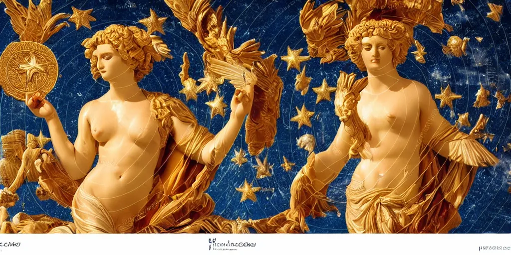 Image similar to majestic neorococo sistina saint Woman Venus godness Athena beautiful gracious pagans marble and gold in space stars clouds doves suns greeks Hyperion