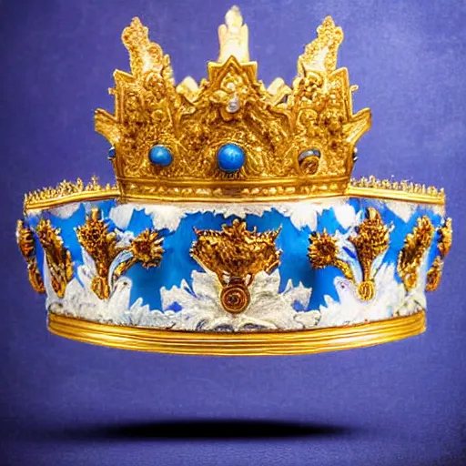 Prompt: a wide full shot, russian and japanese mix 1 9 0 0 s historical fantasy of a photograph taken of a royal gold crown with white and yellow flowers with blue leaves, photographic portrait, warm lighting, from an official photographer from the royal museum. displayed in a museum.