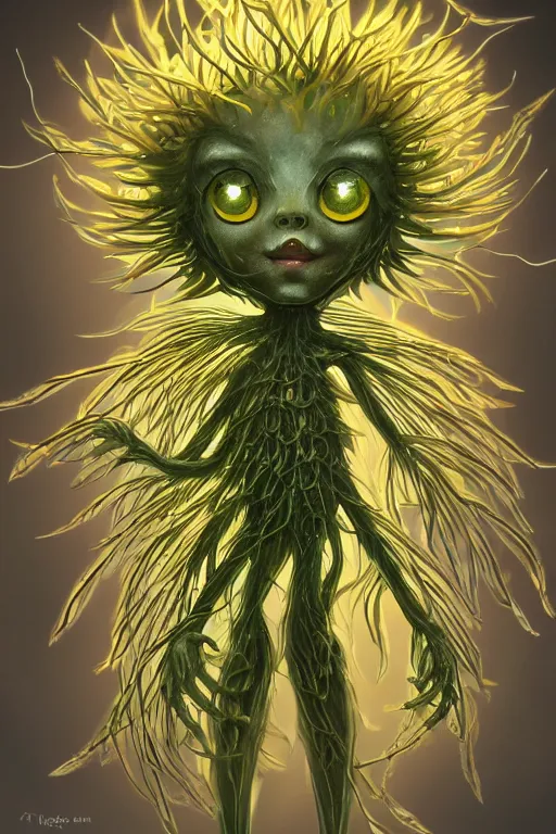 Image similar to a humanoid figure dandelion plant monster, amber eyes, highly detailed, digital art, sharp focus, ambient glow, trending on art station, anime art style