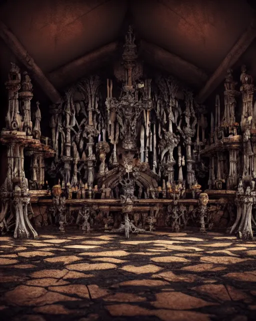 Image similar to full color, low ultrawide interior shot of sedlec ossuary, bones, anime style mixed with fujifilm, dark, foggy, atmospheric, artstation, cgsociety, octane render, cgi, denoise, detailed, cinematic masterpiece