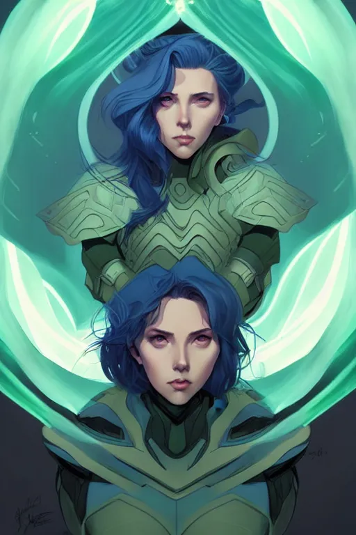 Image similar to style artgerm, joshua middleton, illustration, scarlett johansson as rune knight wearing green pelt light armor, anime eyes, blue hair, swirling water cosmos, fantasy, dnd, cinematic lighting