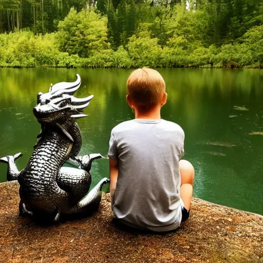 Image similar to a silver dragon and a boy sitting together next to a lake watching firefly, night, forest