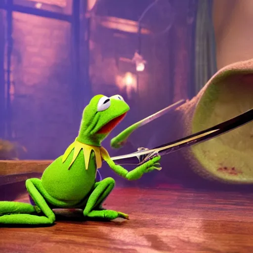 Prompt: kermit kills with a sword, blood shower, hyper detailed, 8 k, pixar.