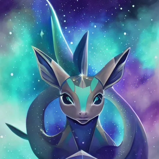 Image similar to geometric symmetrical vaporeon with galaxy eyes in space, nebula in the background, intricate, elegant, highly detailed, digital painting, artstation, concept art, smooth, sharp focus, illustration, art by artgerm