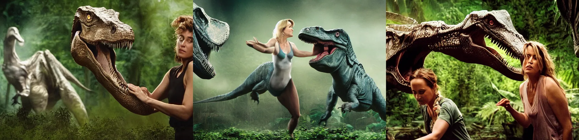 Prompt: scene from jurassic park in the style of leda and the swan featuring tea leoni and a tyrannosaurus rex. cinematic, 5 0 mm, studio lighting