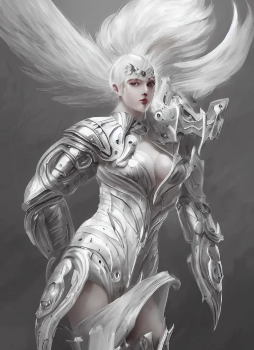 Image similar to a highly detailed illustration of white haired pale lady wearing dieselpunk armor dress with iron wings and blindfold!!!!!!!!!!!!, dramatic floating pose, intricate, elegant, highly detailed, centered, digital painting, artstation, concept art, smooth, sharp focus, league of legends concept art, wlop