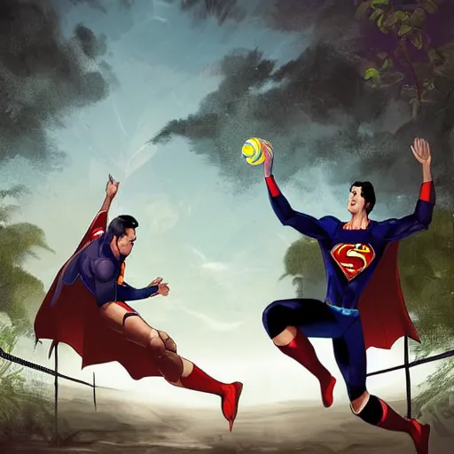 Image similar to batman and superman are playing volleyball in a jungle, volleyball in the air, volleyball net, digital illustration, inspired by greg rutkowski and artgerm, high detail