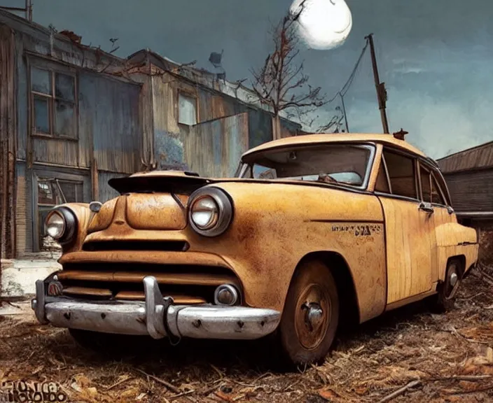 Image similar to a wooden sculpture of a vintage car from fallout 4, digital art by studio ghibli and greg rutkowski, beautiful, cute, hyperrealism artstyle, amazing lighting