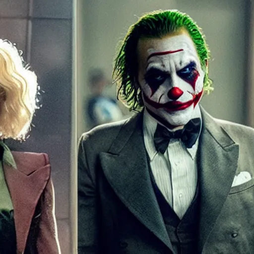 Image similar to ultra realistic candid from joaquin phoenix with lady gaga in new joker movie footage's, intricate details. sharp details