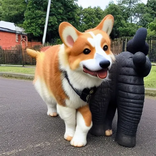 Image similar to A corgi fighting crime with an elephant sidekick