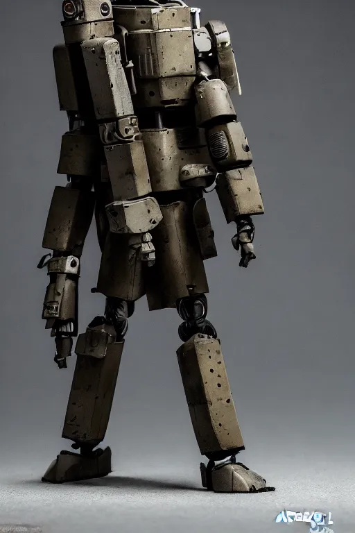 Prompt: a cinematic photo shot of a beautiful 1 : 6 scale threea toys figurine by ashley wood, world war one robot,, intricate dark background, dramatic light