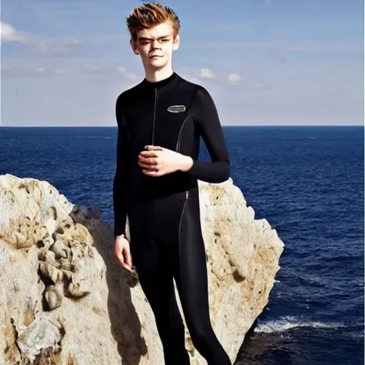 Image similar to Thomas Sangster wearing a lycra suit stepping out of a submarine overlooking the sea, handsome face, glittering sea, glamour shot, realistic face, photogenic