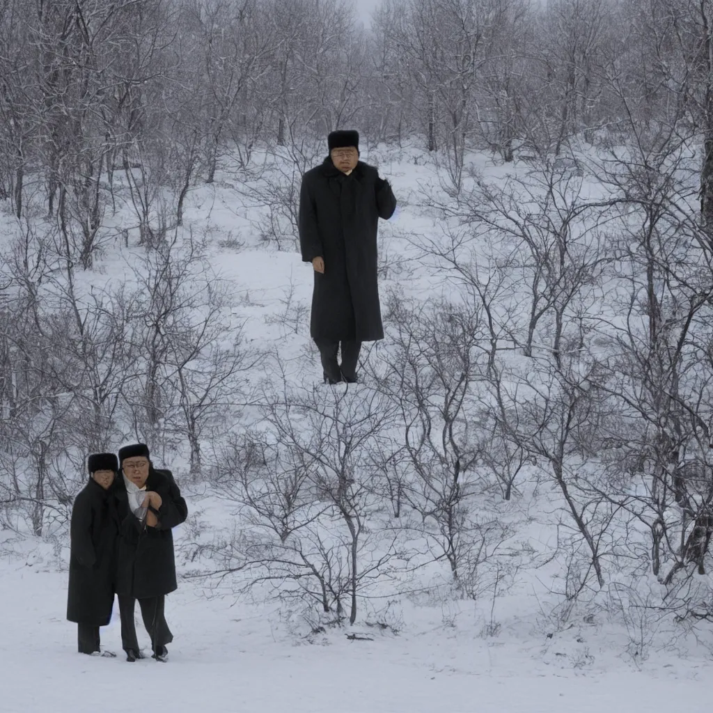 Prompt: filmstill of Kim Jong-il wearing a furry chapka and playing the role of Omar Sharif in Doctor Zhivago by David Lean, man in furry coat, cold Russian landscape, snow and trees, minimal composition, 1965, cinemascope, Eastman Color Negative 50T 5251 Neg. Film, epic romance