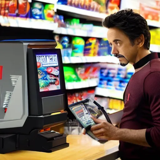 Image similar to Iron Man working as a 7/11 cashier using a laser scanner, cash register, laser scanner, macro, wide wide shot, very detailed, beautiful lighting