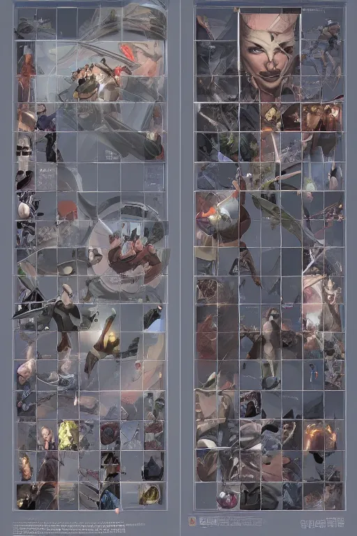 Image similar to 2x2 item concept art showcase grid on flat background of legendary artifact by artgerm and Craig Mullins, James Jean, Andrey Ryabovichev, Mark Simonetti and Peter Morbacher 16k