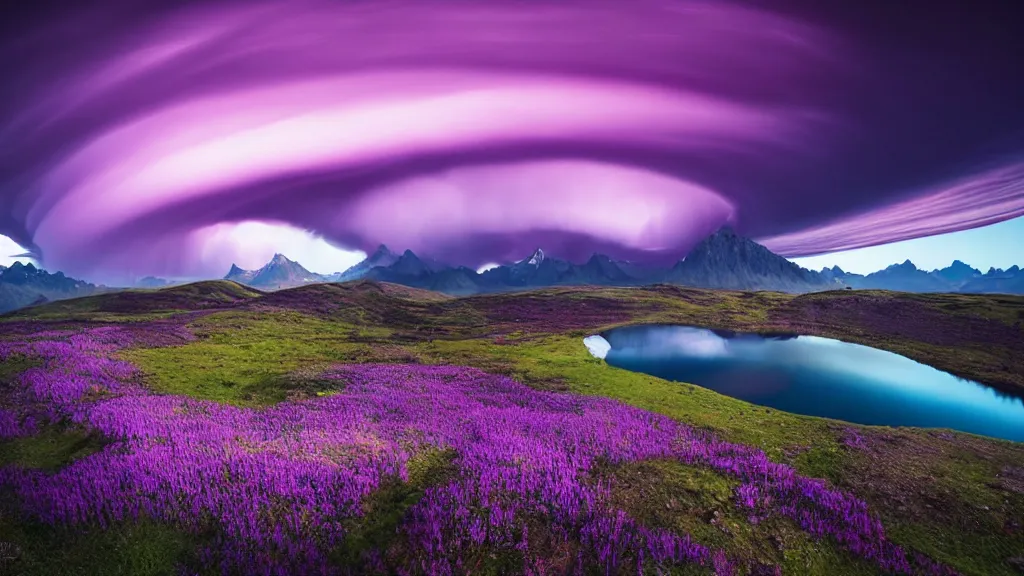 Image similar to amazing landscape photo of a funnel shaped purple tornado over mountains with lake in sunset by marc adamus, beautiful dramatic lighting