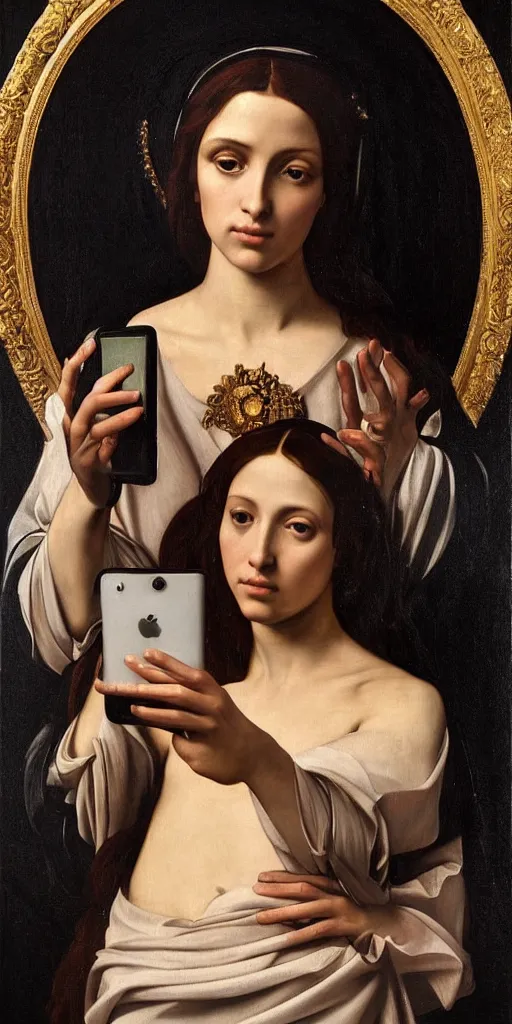 Image similar to a Pre-Raphaelite painting by Caravaggio of Kim Kardashian as the Virgin Mary, Catholic icon, halo, ornate, gilded, holding an iphone