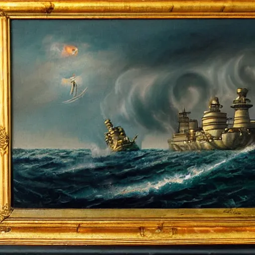 Prompt: a sea serpent attacking a battleship in the victorian time ( oil painted, beautifully painted by a good artist, highly detailed, good quality painting )