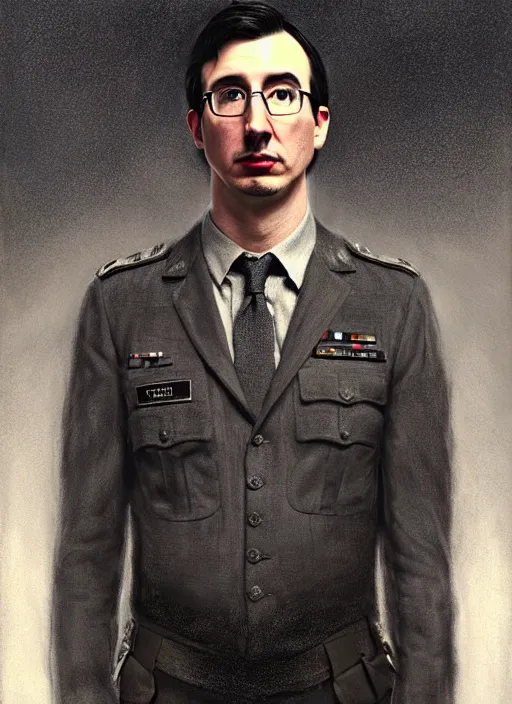 Image similar to painting of both john oliver and adam driver together, john oliver, adam driver, stoic, full body, military uniform, fantasy, intricate, elegant, beautiful, highly detailed, charcoal, centered, dark, smokey, digital painting, concept art, smooth, sharp focus, illustration, art by artgerm, art by greg rutkowski, art by alphonse mucha