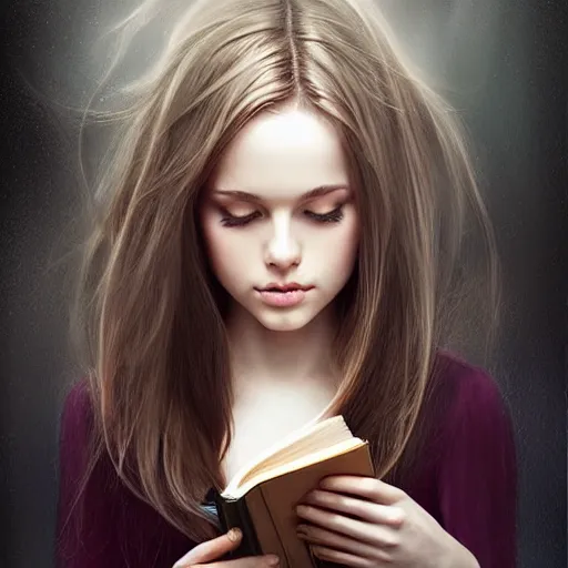 Image similar to a girl reading a book, hair flowing down, symmetric!, 8 k, hyperrealistic, hyperdetailed, fantasy portrait by laura sava