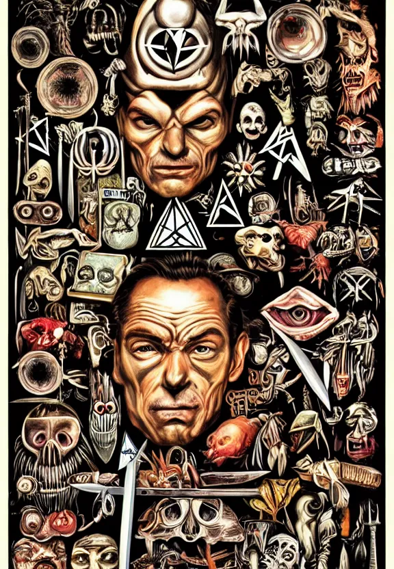 Image similar to simplicity, subgenius, x - day, weird stuff, occult stuff, knives, the predator, illuminati, gem tones, hyperrealism, stage lighting