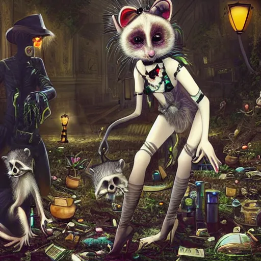 Image similar to Monkey in a Victorian era cyber punk dress dancing in a landfill with a vampire racoon and a goth fairy frog, hyper realistic, cgsociety,