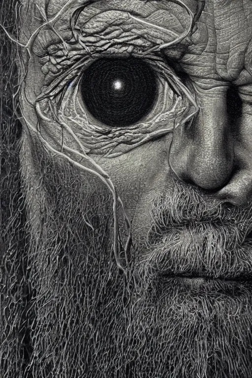 Image similar to ascii art, hyperrealism oil painting, close - up portrait of a scary old man with ten eyes and mandibles, in style of baroque zdzislaw beksinski